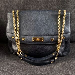 MCM Black Pebbled Leather Logo Charm Studded Convertible Chain Strap Flap Bag